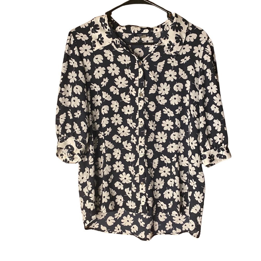 Tommy Hilfiger Dark Blue and White Floral Button-Up Blouse